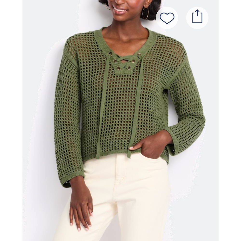NWT Tura by Vince Camuto Olive Green Crochet, Fish Net‎ Lace Up V Neck Sweater M
